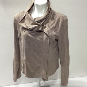 Umgee Tan Faux Suede Moto Jacket Size M Asymmetrical Zipper Accent Cowl Neck